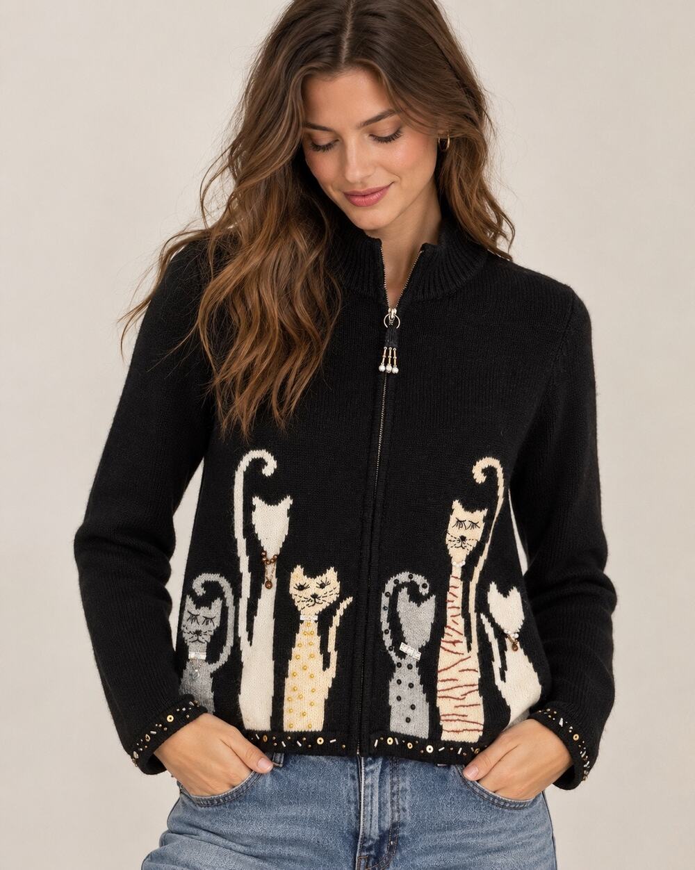 NWT Designers Original Cat Cardigan Sweater S Beaded Whimsigoth Y2K Novelty Knit